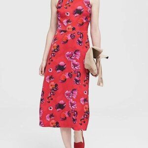 Banana Republic 10 Petite Red Poppy Floral Midi Dress Career Cocktail Party Chic